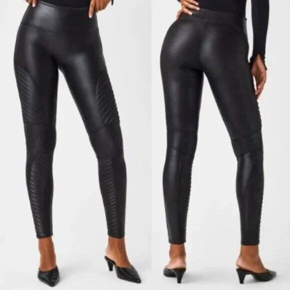 Spanx High-Waisted Moto Black Faux Leather Leggings Ribbed Detailing Small - Picture 1 of 8